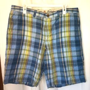 Tommy Bahama Linen Lyocell Shorts Mens 36 Plaid Blue Green Preppy Resortwear